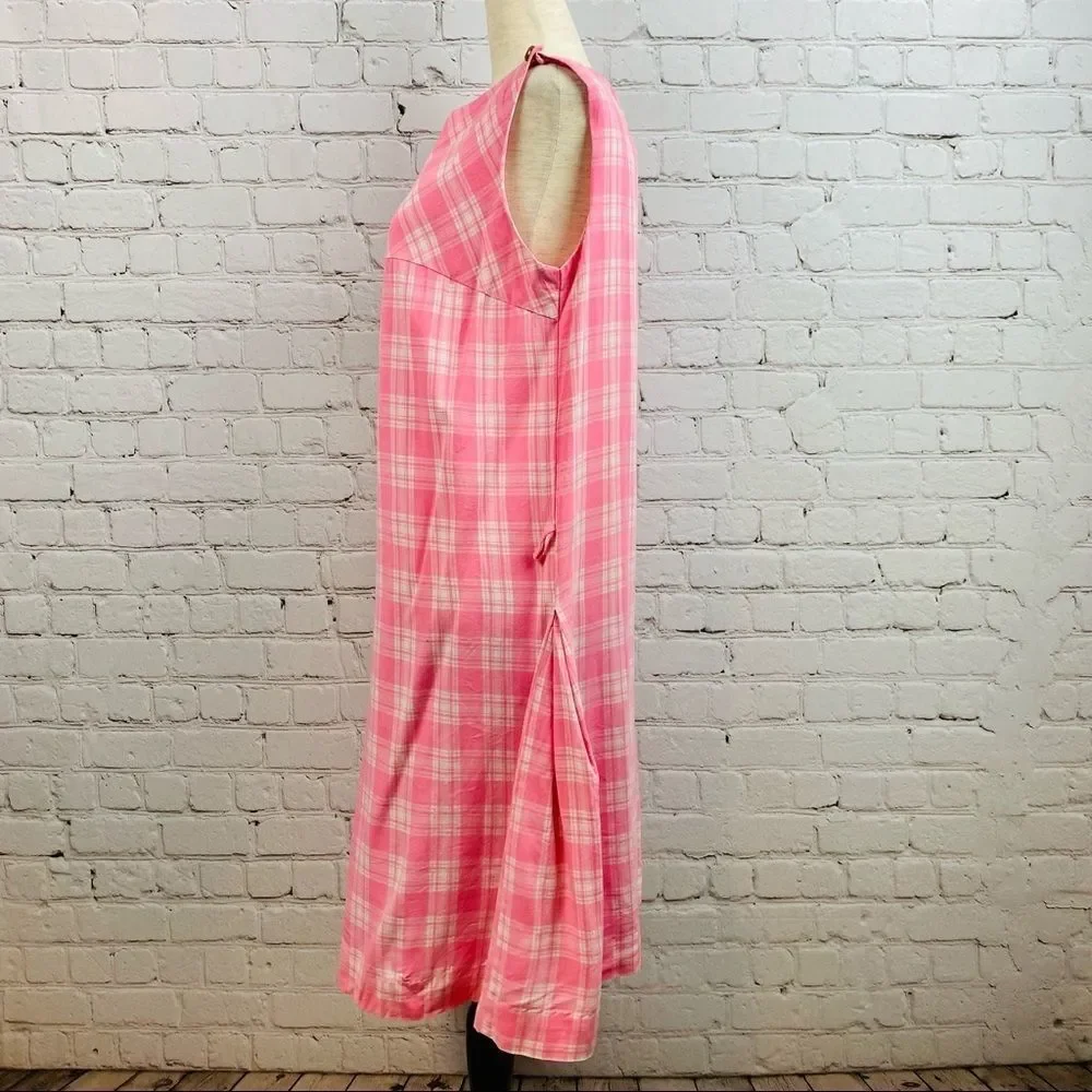 Vintage Pink Plaid Midi Dress Crew neck Sleeveless contour empire waist - Picture 6 of 11